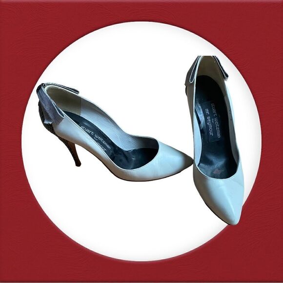 Stuart Weitzman For Mr. Seymour Leather Heels With Bows Size 6.5 B - Picture 8 of 14